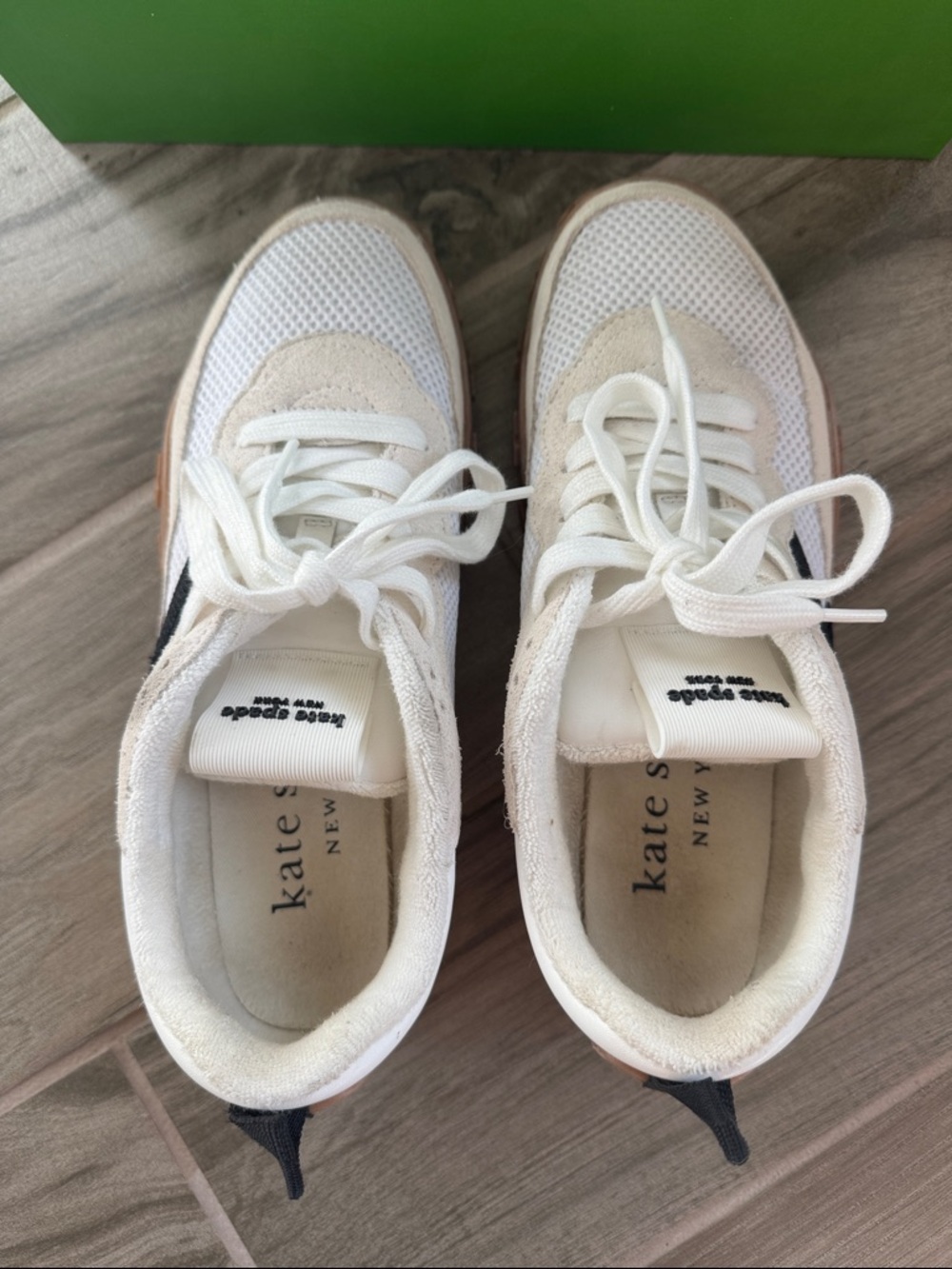 kate spade White Mesh Sneakers with Black Logo and Tan Sole - Picture 2 of 6